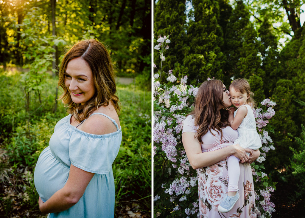 A pregnant woman looking away from the camera at golden hour in a light blue dress. A pregnant woman holding her daughter while kissing her on the cheek. Maternity session outfits dos & don'ts