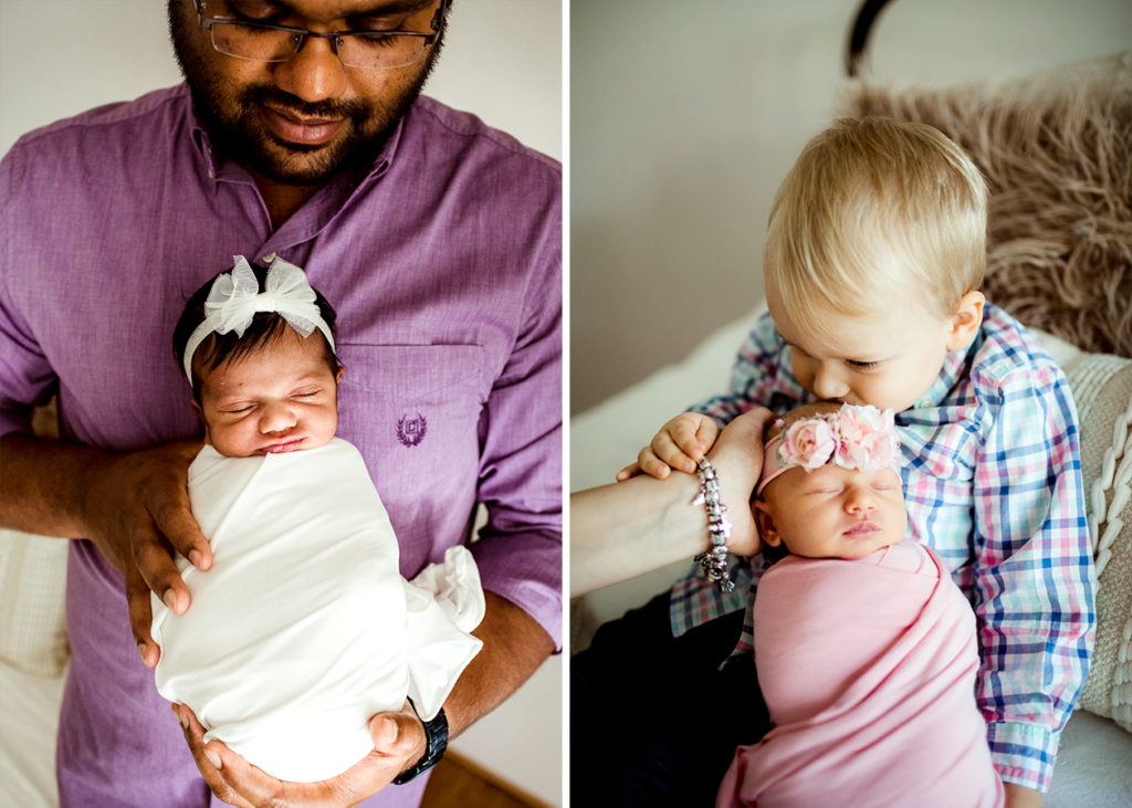 Father holding his newborn baby girl. Big brother holding little baby sister. Studio Newborn Session Guide