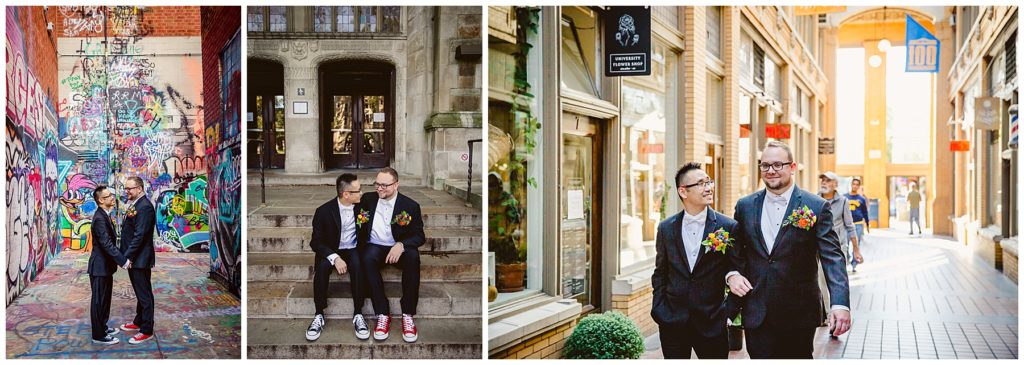A couple standing in graffiti alley standing facing each other. A couple sitting on the stairs of the Michigan Law Library looking at each other laughing. Couple walking  together hand in hand in Nickels Alley looking at each other.  Brian + Michaels Oz Themed Wedding