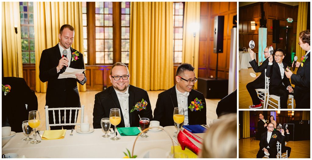 Speeches and the "shoe" game at an LGBTQ wedding being held at the Michigan League