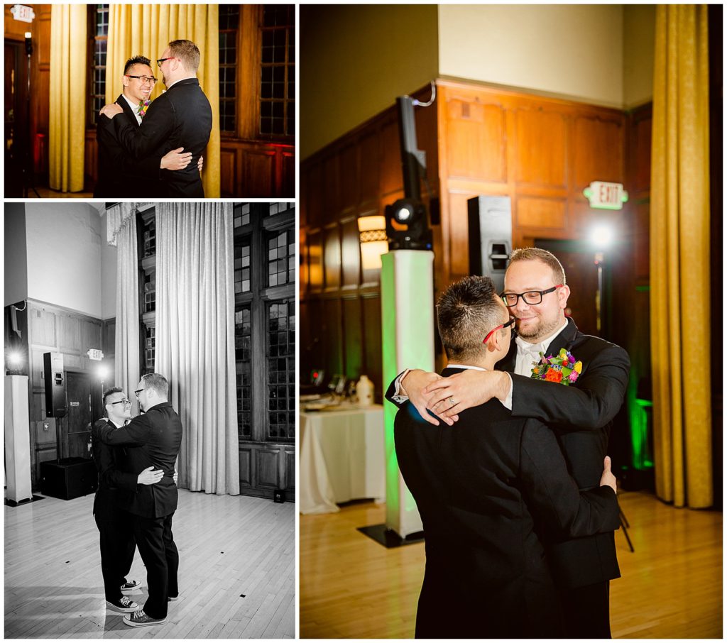 Gay couple at their LGBTQ wedding having their first dance at the Michigan League