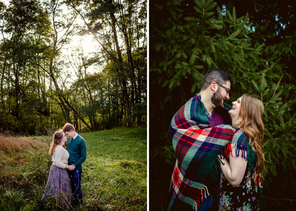 One couple standing in a field and the 2nd couple wrapped in a blanket laughing together standing in front of a pine tree. 8 engagement session prep tips.