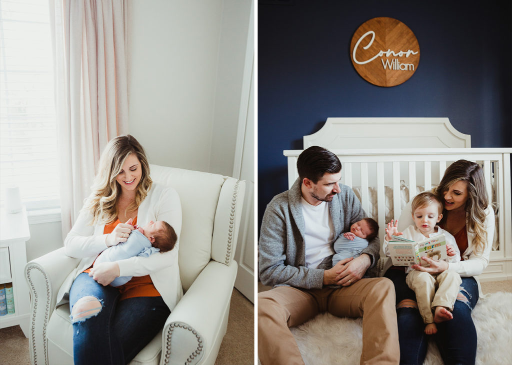 Mother holding her newborn son in a nursery. Family holding their newborn & their older son. SMP guide to your at home newborn session.