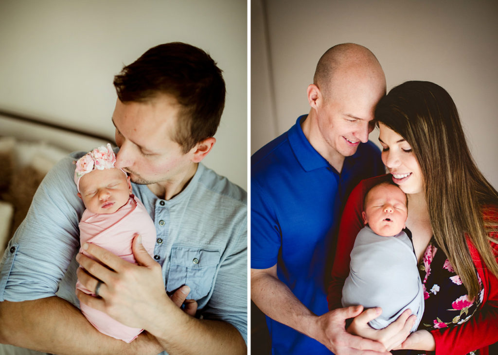 Dad holding her baby girl. Family holding newborn son. Studio Newborn Session Guide