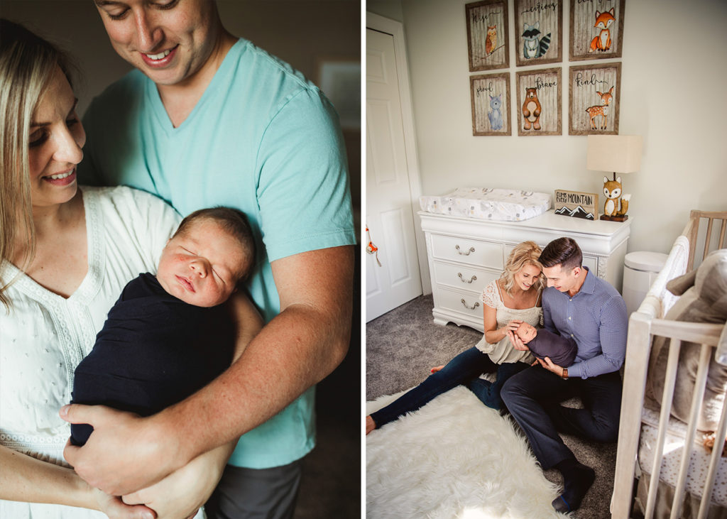 Parents holding their newborn son in their nursery. SMP guide to your at home newborn session.