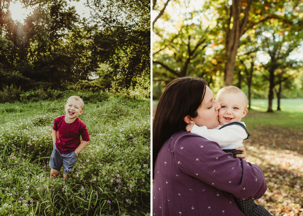 Little boy standing in a field, laughing at the camera and a a 2nd photo of a mom holding her baby kissing him on the cheek while he smiles at the camera. Family Session Checklist