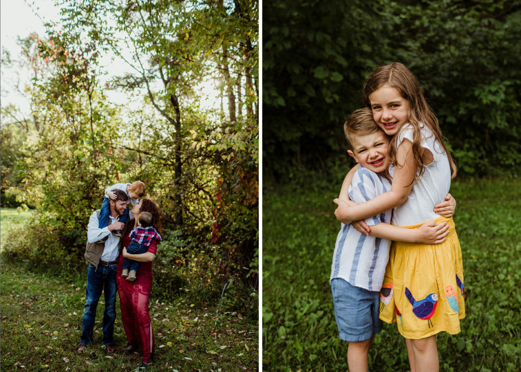 A family cuddling while standing in a park in the late summer. Little boy on shoulders looking at mom. A brother & sister hugging looking at the camera.  10 tips for choosing outfits for your family session