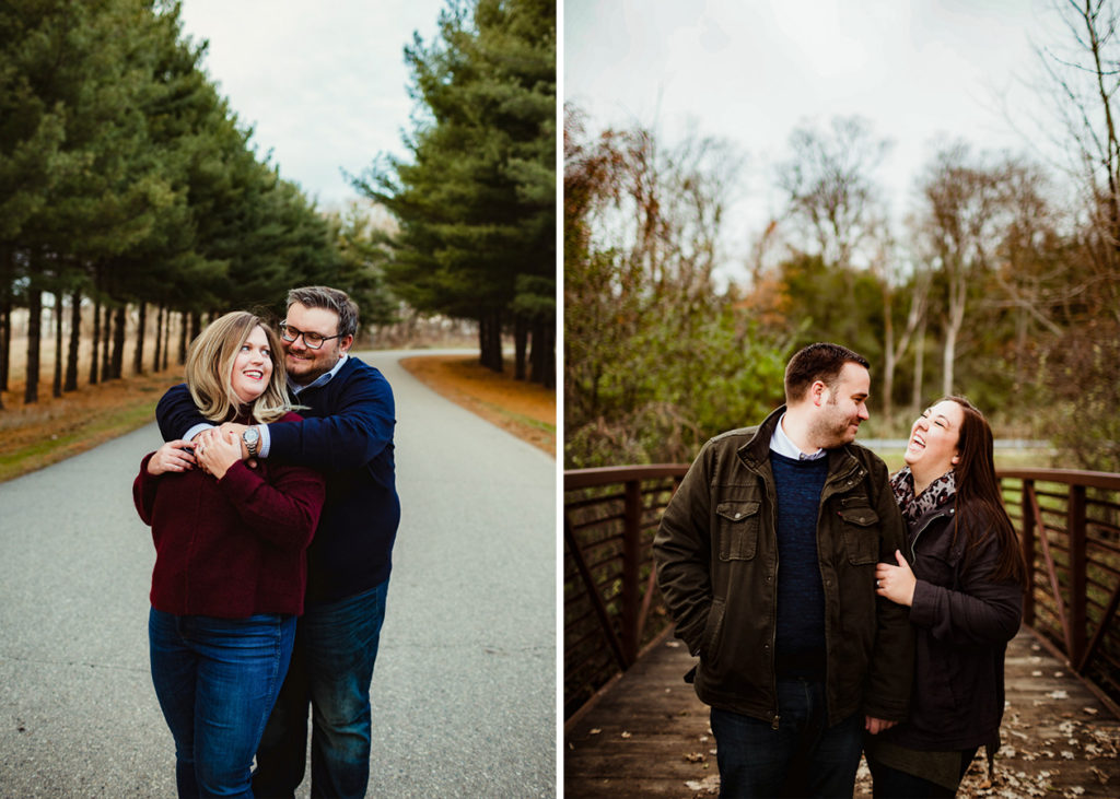 2 couples looking at each other laughing. One couple standing in a road with pine trees the second couple is standing on a bridge in the fall. 8 engagement session prep tips