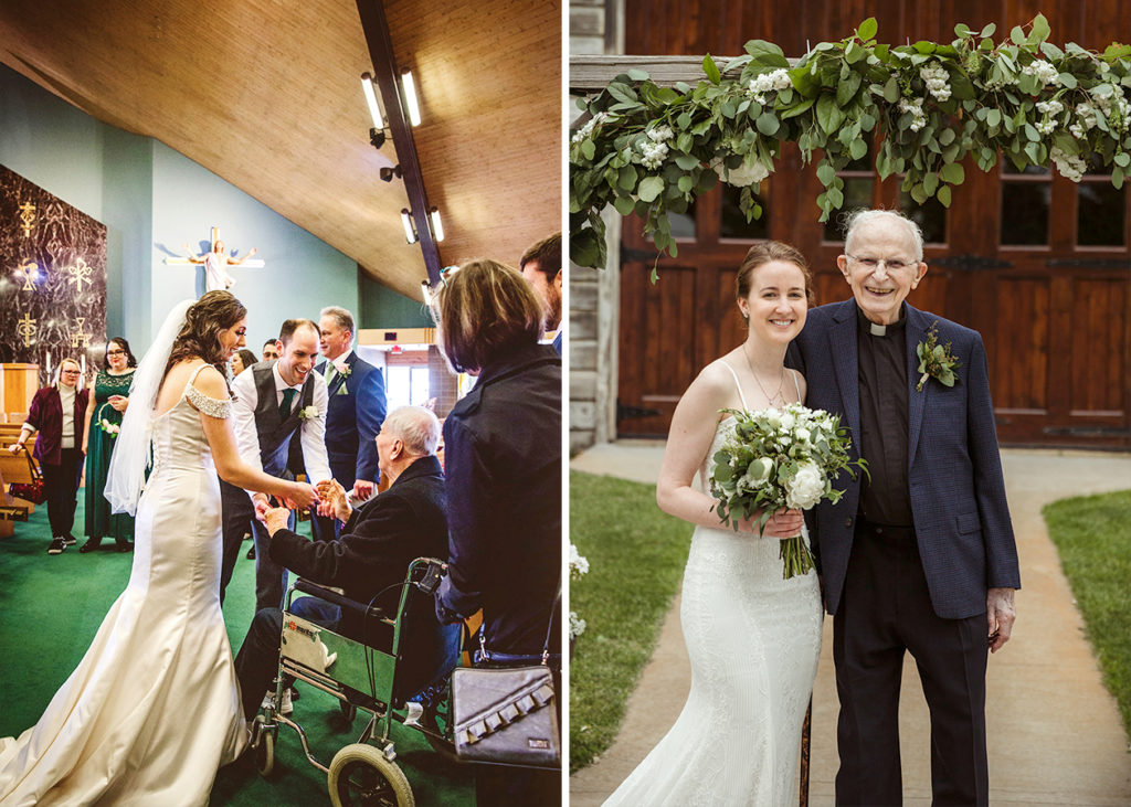 Couple welcoming grandfather in wheelchair to wedding and bride standing with her 93 year old Grandfather who officiated their wedding. Family photos on your wedding day. 