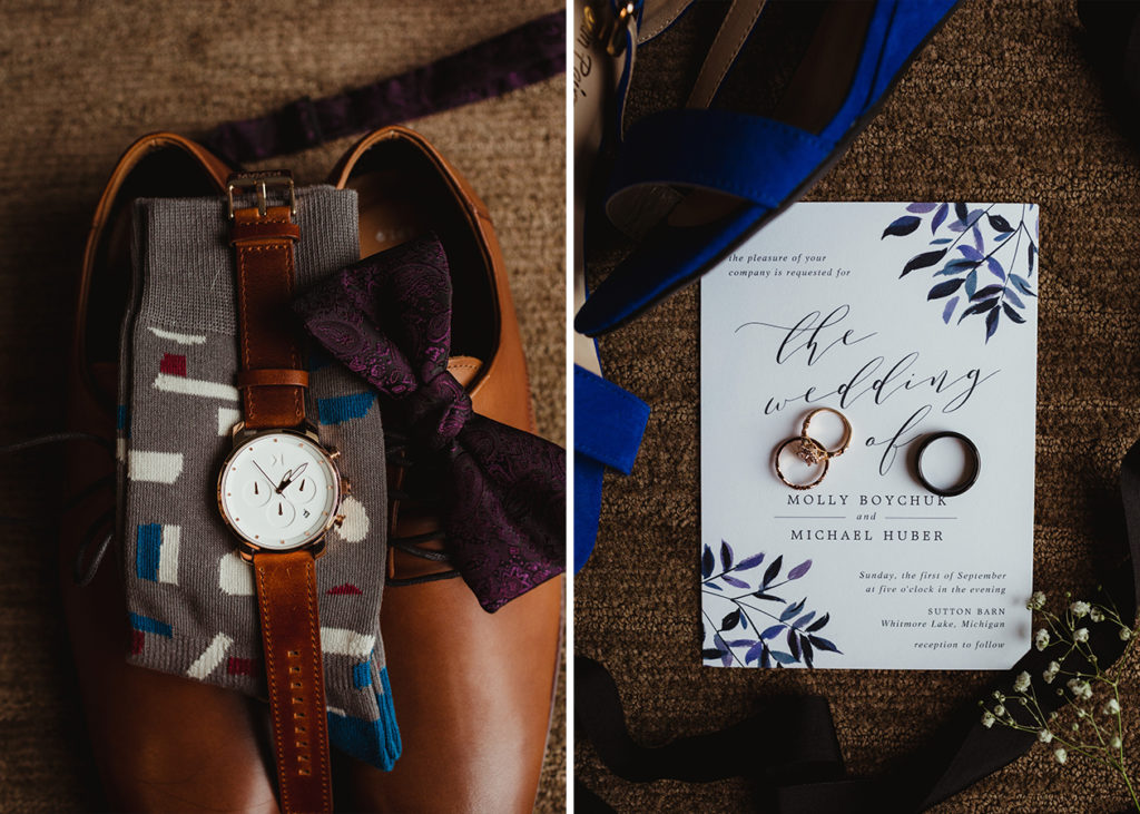 Grooms wedding day details including a watch, socks, purple bow tie & brown shoes. Wedding invitation flat lay. Essential to dos once you're engaged!