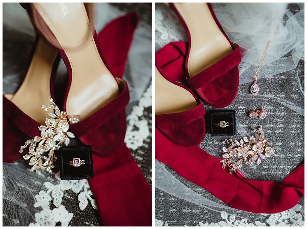 red wedding shoes with ring and bracelet