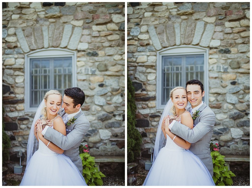 collage of the bride and groom in front of stone wall